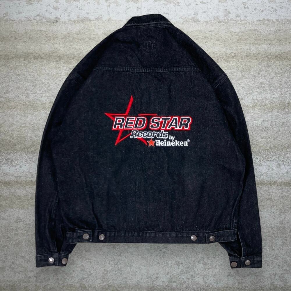 Vintage Y2K Heineken Jean Jacket Mens XL Black Wash Button Up Red Star Records
